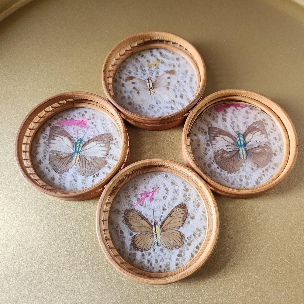 Vintage Bamboo Butterfly Coasters Set 1970s Butterfly, Boho Tiki Bar Decor